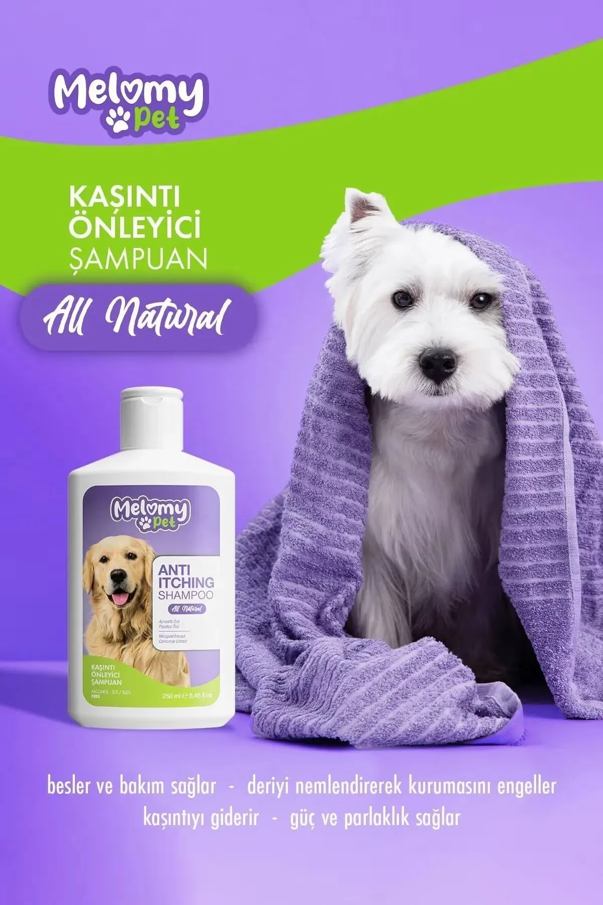 Melomy kaşıntı önleyici şampuan uygulama görseli - köpek bakım ürünü